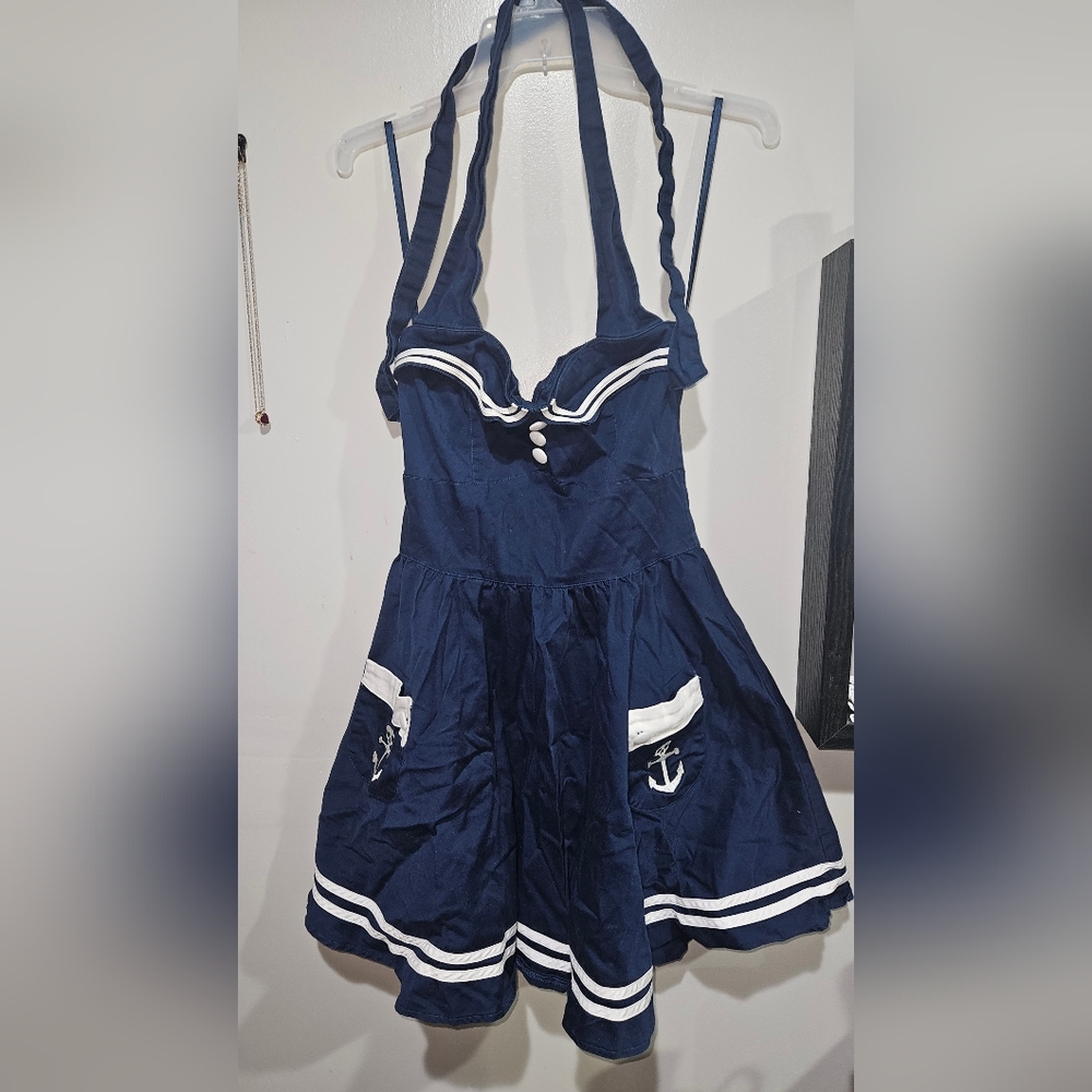 Hell Bunny Vixen Navy Sailor Dress with White Accents AND POCKETS